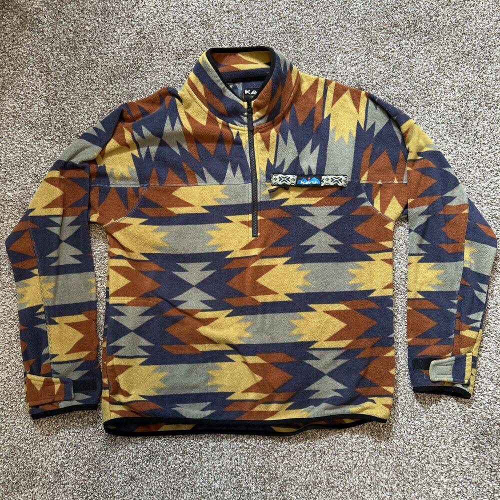 KAVU Fleece Pullover Men’s Large green camo Aztec Print 1/4 Zip Mock Sweater